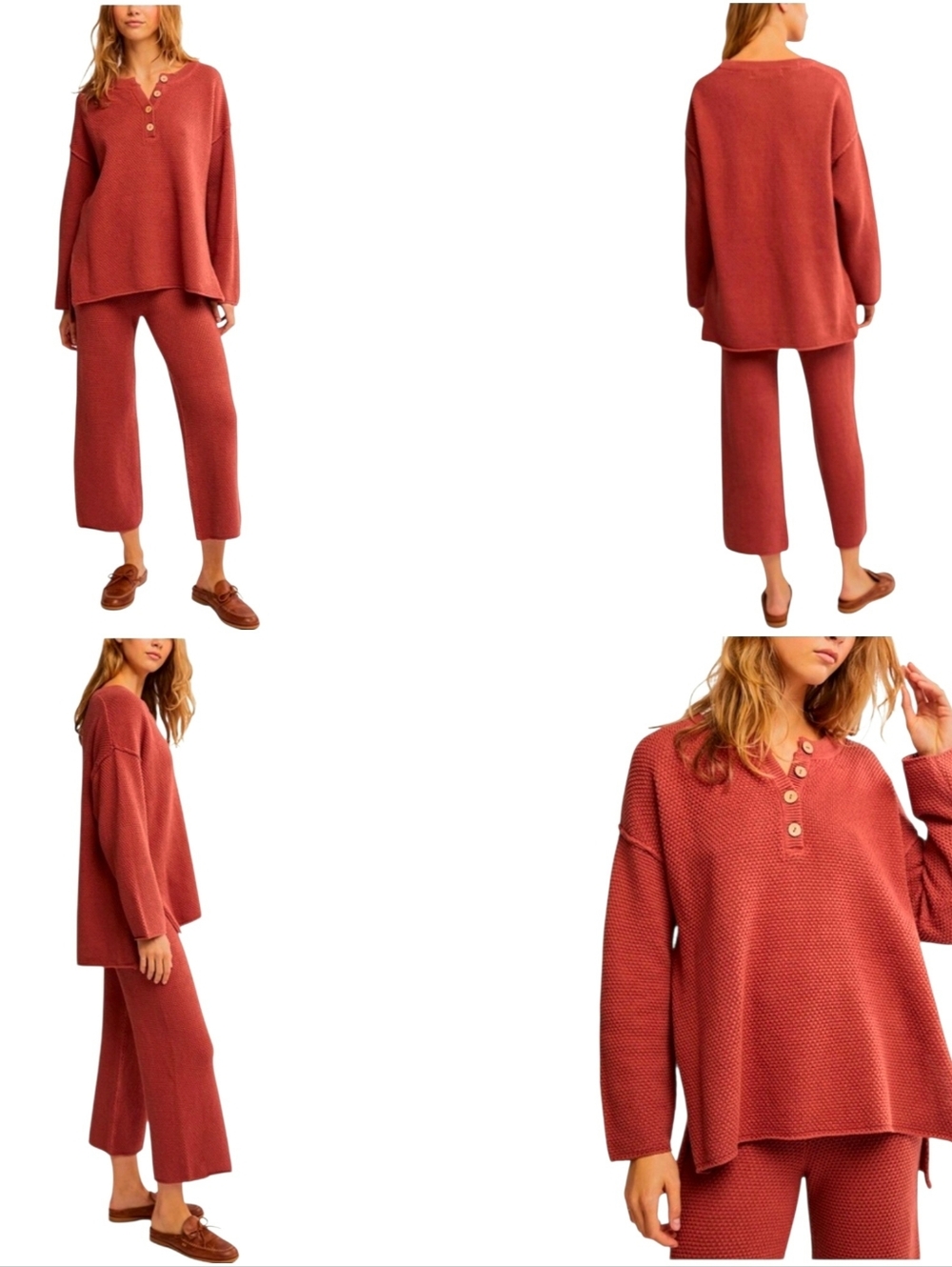 Free People Beach Hailee Waffle Knit Set Womens S Burnt Orange Wide Leg Henley - Picture 11 of 16
